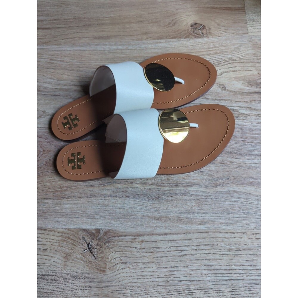 Tory Burch Patos Disk Thong Sandals White Gold Womens 9.5 - Picture 3 of 14